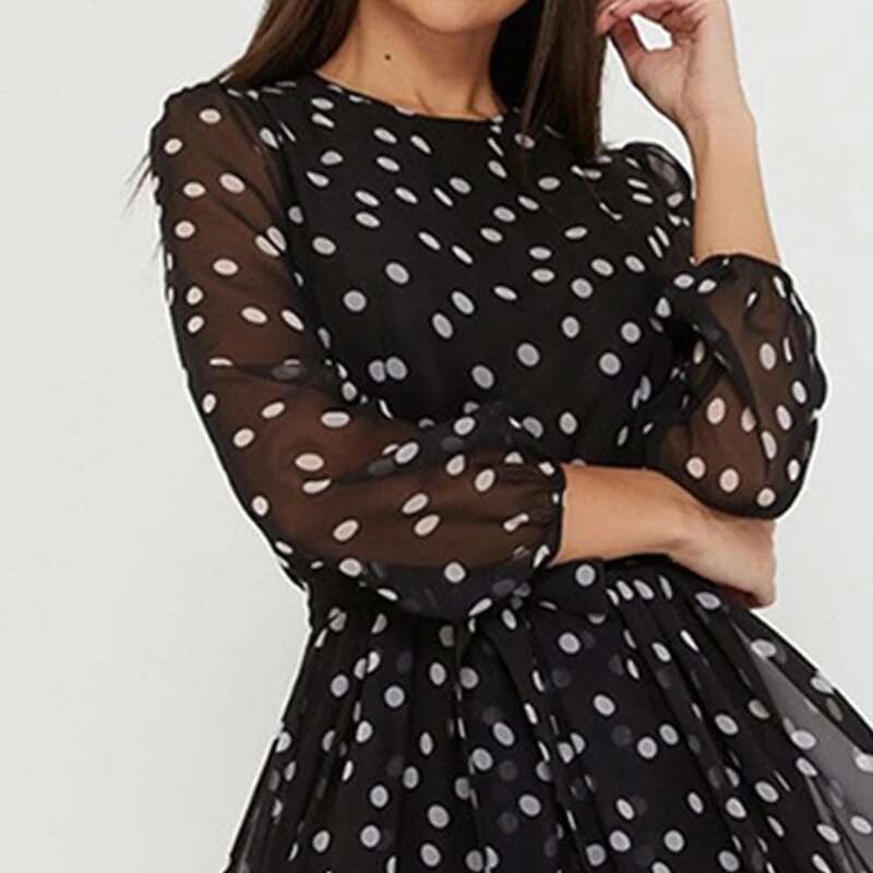 Spring and Summer Chiffon Long Sleeved Solid Color Polka Dot Dress Elegant Lantern Sleeve Round Neck High Waisted Dresses