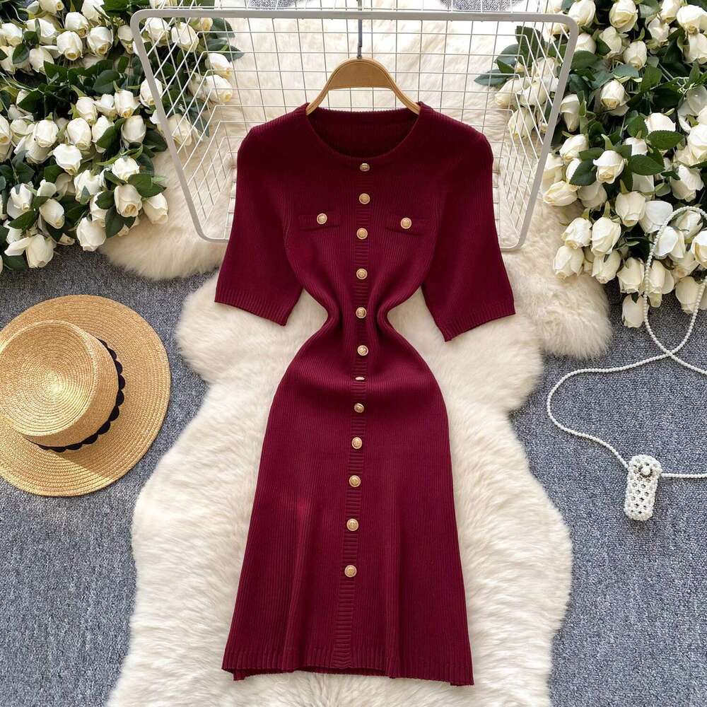REALEFT Elegant Short Sleeve Knitted Dress For Women 2025 New Spring Summer Fashion Round Neck Buttons Casual Women's Dresses