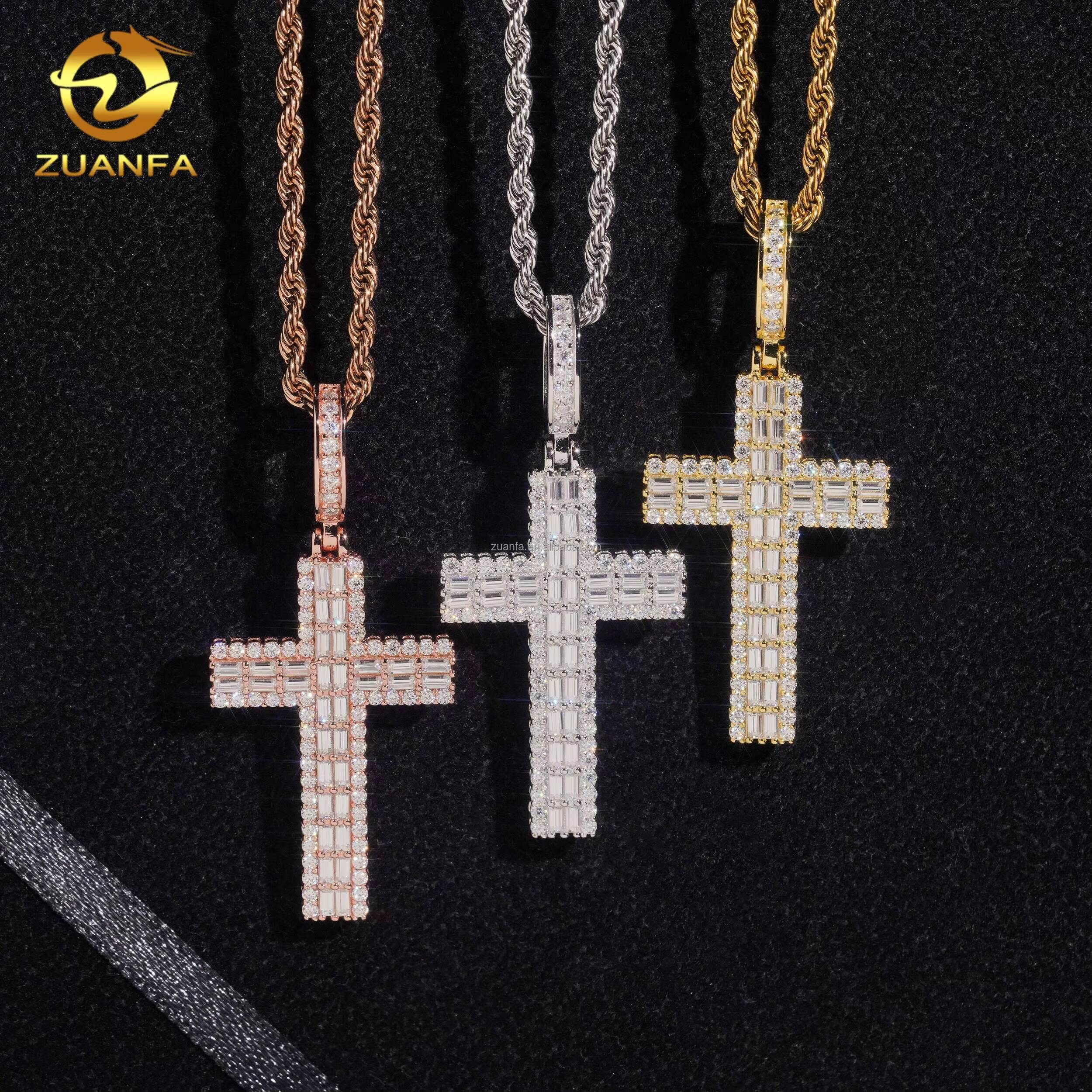 New Arrivals Trendy Fashion Man LuxuryJewelry Hip Hop Pendant S925 VVS1 Baguette Moissanite Diamond Cross Pendant Necklace Set