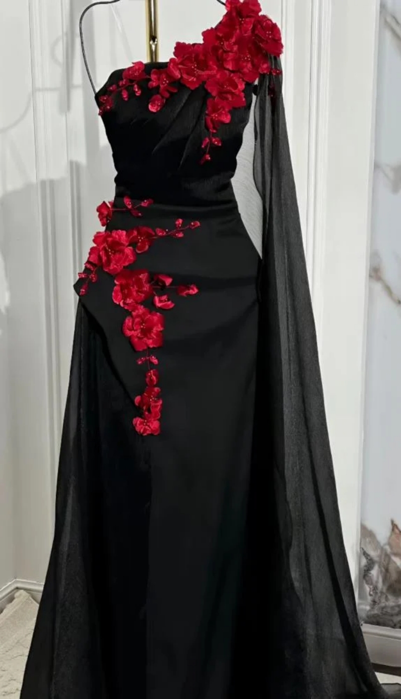 Elegant One Shoulder Black Prom Dresses With Red Flowers Appliques Arabic Dubai Chic Evening Gowns Long Special Occasion Dress
