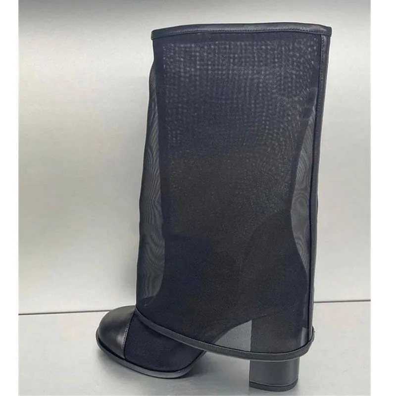 Mesh Round Toe Block Heel Mid-Calf Boots Woman Summer 2025 In Black Slip-On Summer High Heel Boot Female Shoes for Women 250428