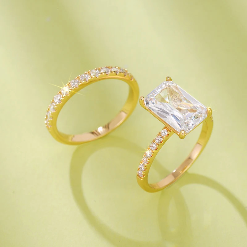 Huitan rectangular cubic zirconia set ring suitable for female brides wedding accessories trend engagement band jewelry wholesale 250428