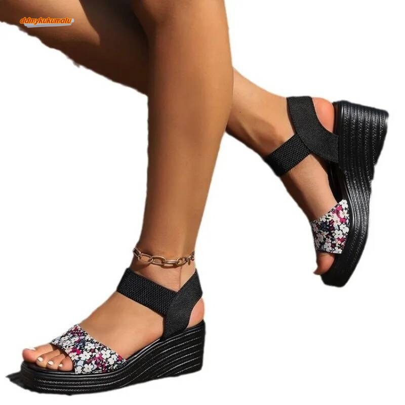 Fashion Floral Ladies Casual Broadband Open Toe Wedge Comfortable Elegant Sandals For Beach Flat Summer Shoes ddmykukumalu