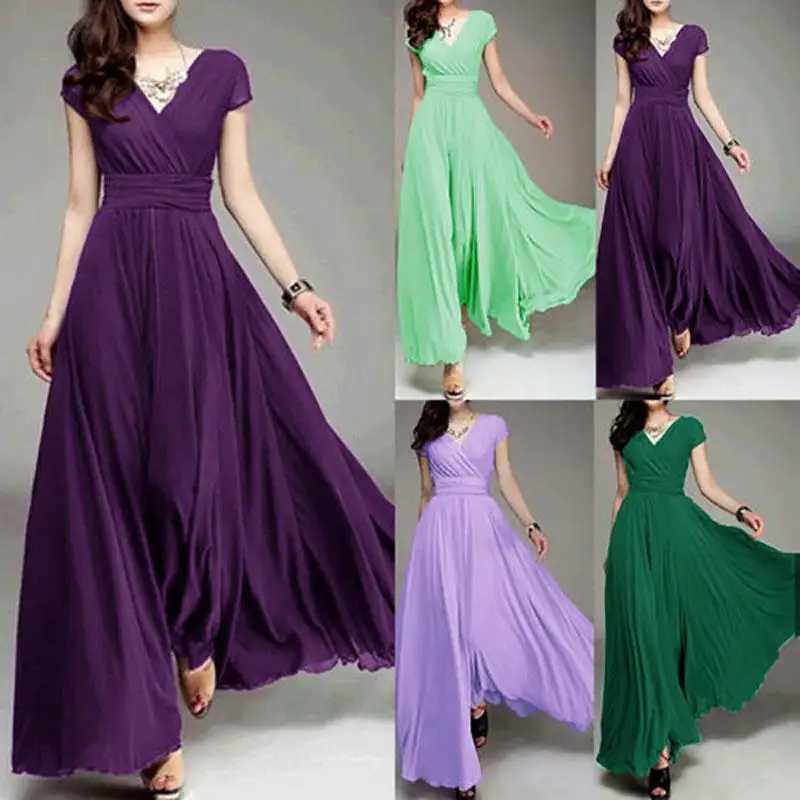 Womens Fashion V-neck Short sleeved Evening Dress Temperature Solid Color Long Cocktail Chiffon High Waist Summer Dress W250430