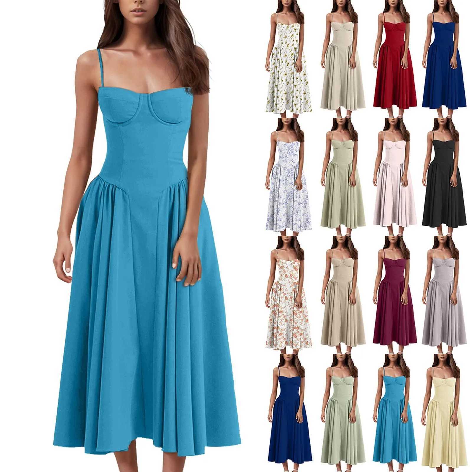 Elegant Italian spaghetti shoulder strap sleeveless A-line Midi womens summer new item backless pleated slip skirt womens fashionable loose dress W250