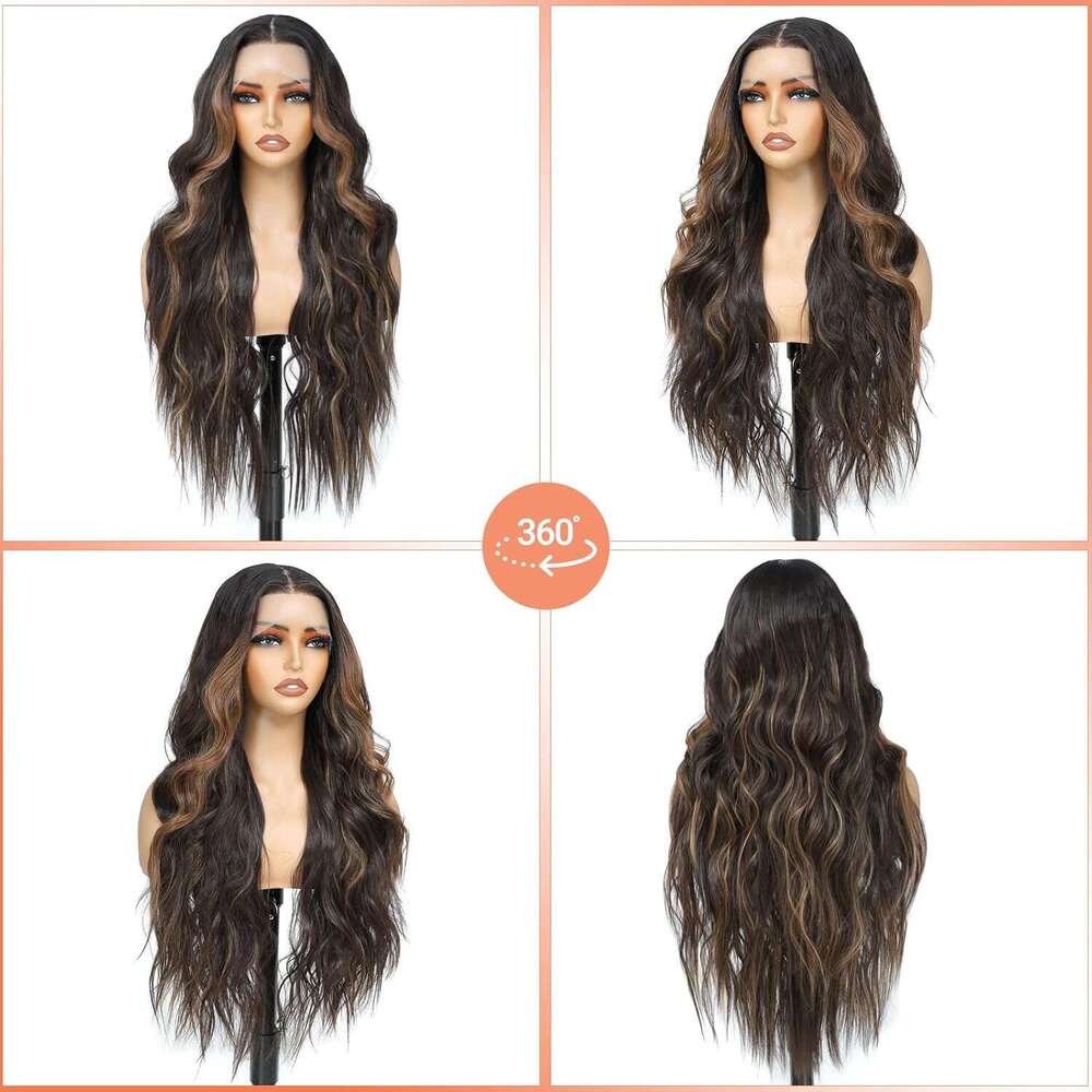Seykiki Synthetic Front Wigs for Women Highlight Brown Mix Black Natural Wavy Glueless Ready to Wear 13x4x1 HD Lace Pre Plucked Middle Part Wig 26 Inc