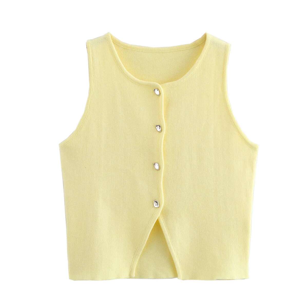 TRAF Pink Knit Sleeveless Cropped Sweater Vest Top Yellow Button Vests for Women Streetwear Waistcoat Knitwears fashion clothing women