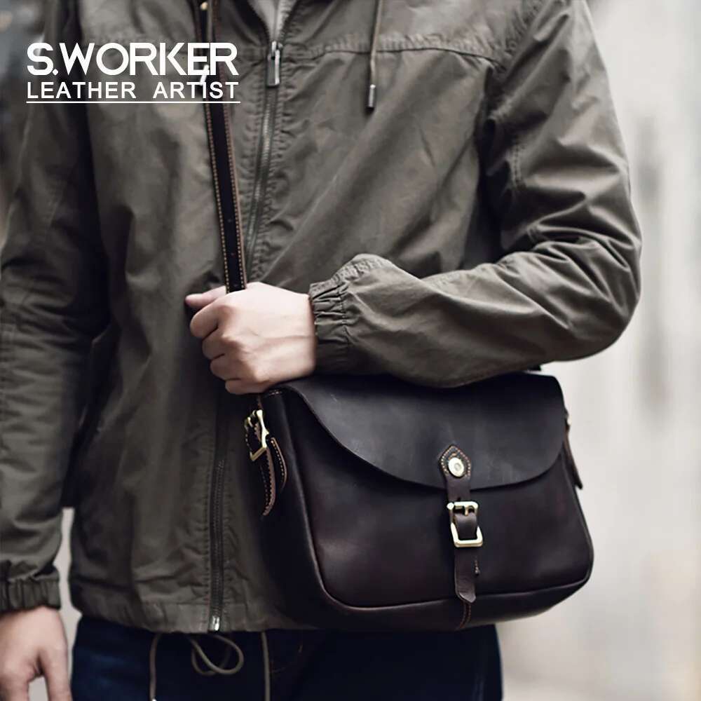 Vintage Genuine Men's 11" Messenger Crossbody Bags Crazy Horse Cowhide Shoulder Bag Top Layer Leather Fashion Casual