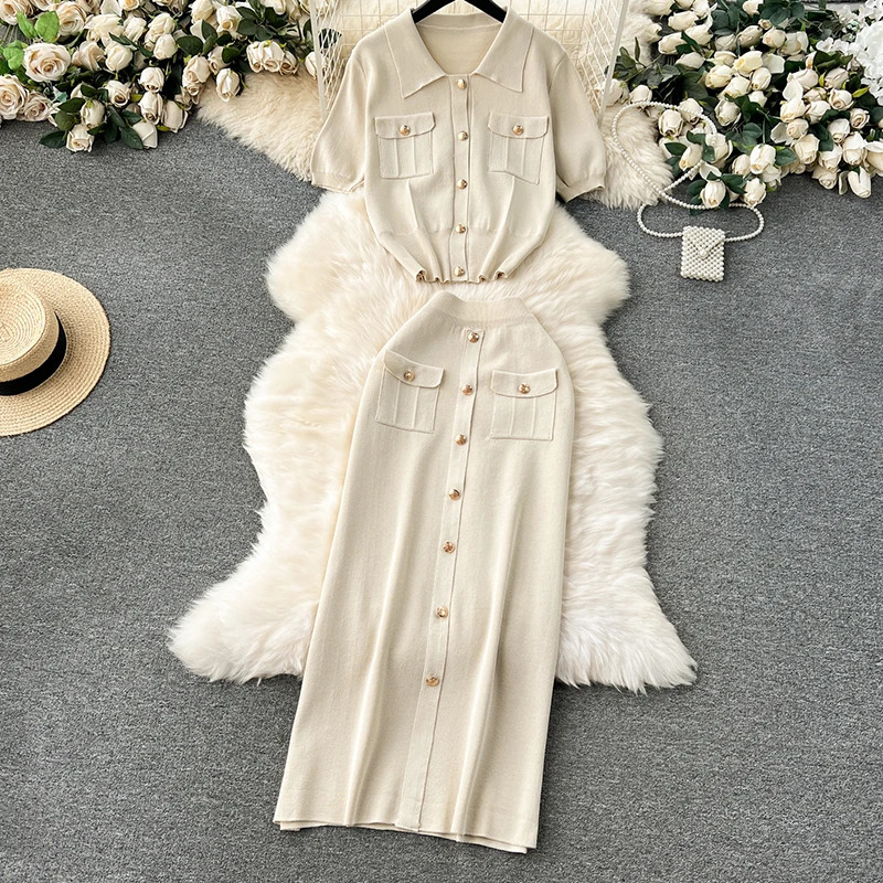 Heliar Elegant Knitted Two Piece Womens Short sleeved Top and Skirt Set with Buttons Summer Solid 250530