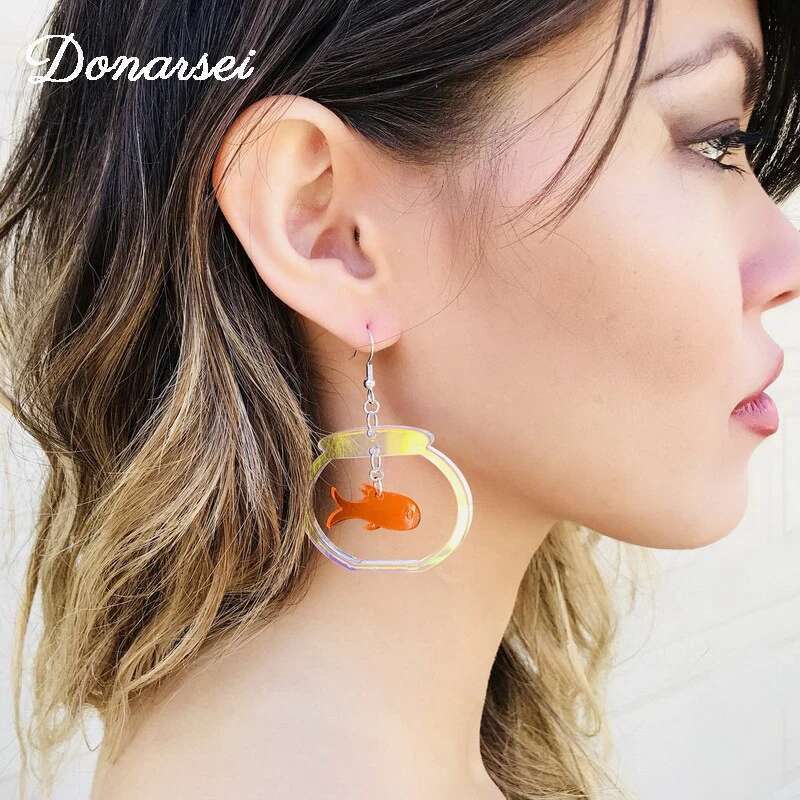 Donarsei Cute Transparent Goldfish Bowl Drop For Women Funny Animal Fish Acrylic Dangle Earrings Novelty Jewelry
