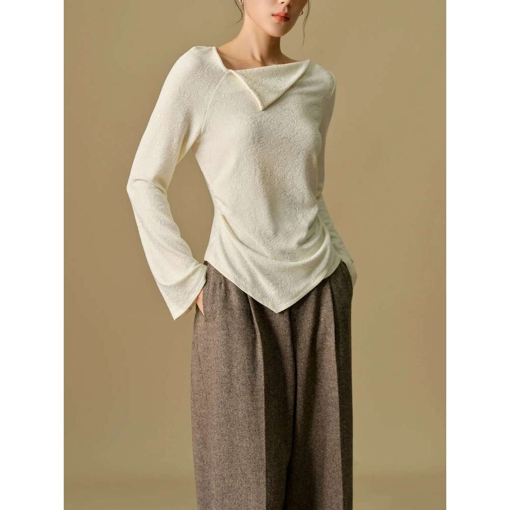 DUSHU 2.4% Wool Jacquard Knitted Lace Asymmetric Collar Sweater For Women 2024 Winter New Design Pullover Top 24Dh84043