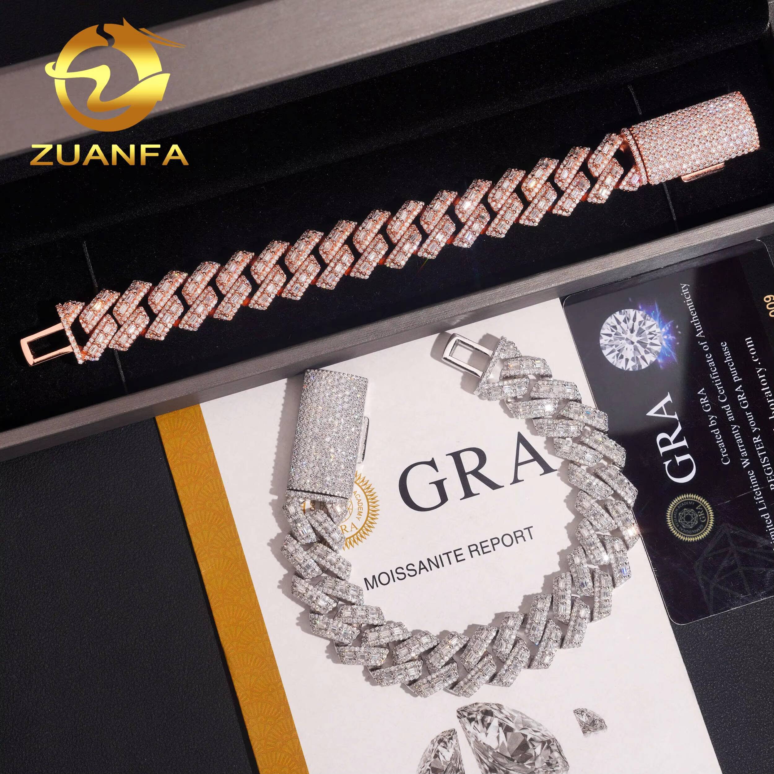 Luxury Top Quality 925 Sterling Silver Hip Hop 16mm Baguette Men Rose Gold Moissanite Cuban Link Bracelet