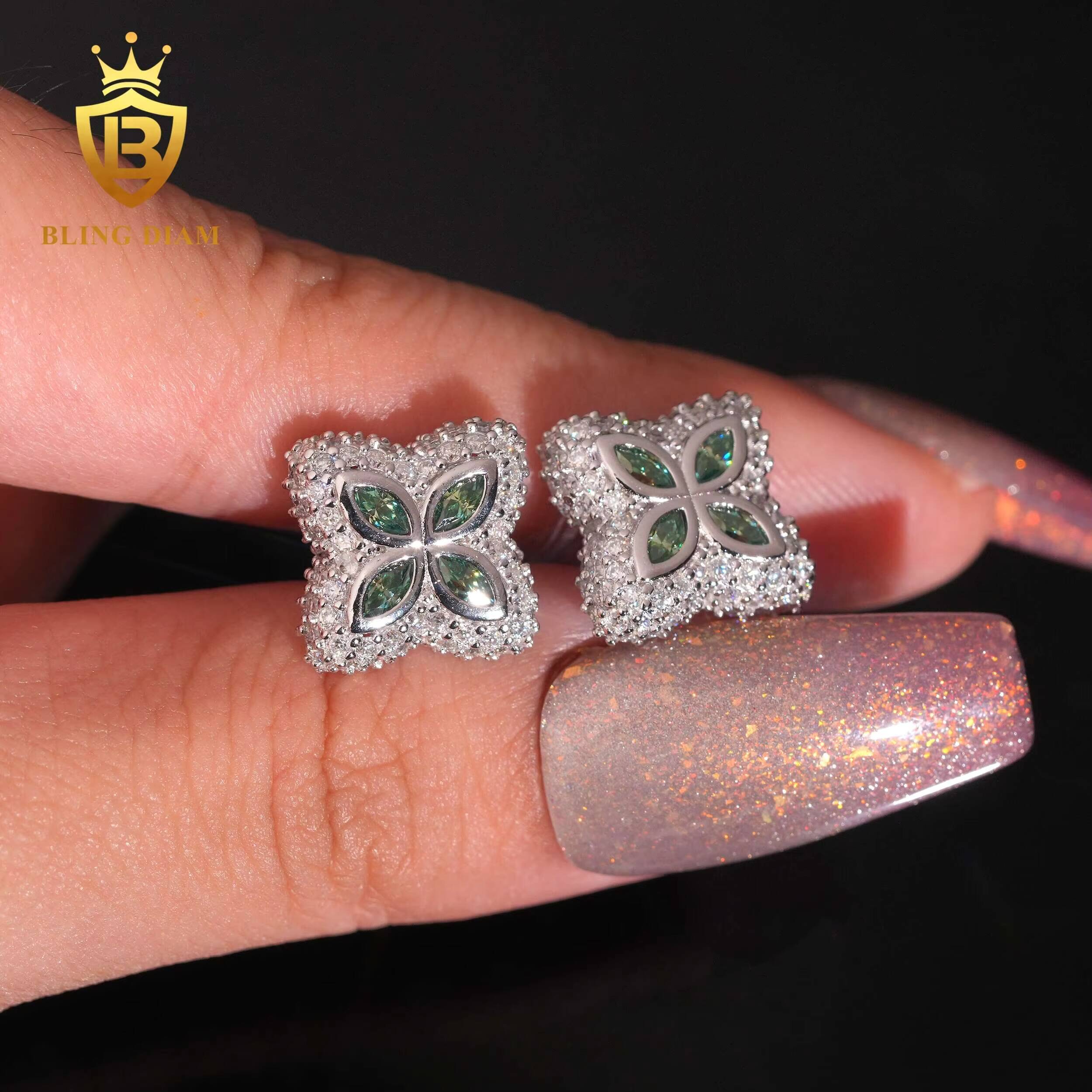 Hot Sale Fashion HipHop Olive Green Moissanite Four-Leaf Clover-Shaped Earring 15mm Diamond Earrings 925 Sterling Silver Earring