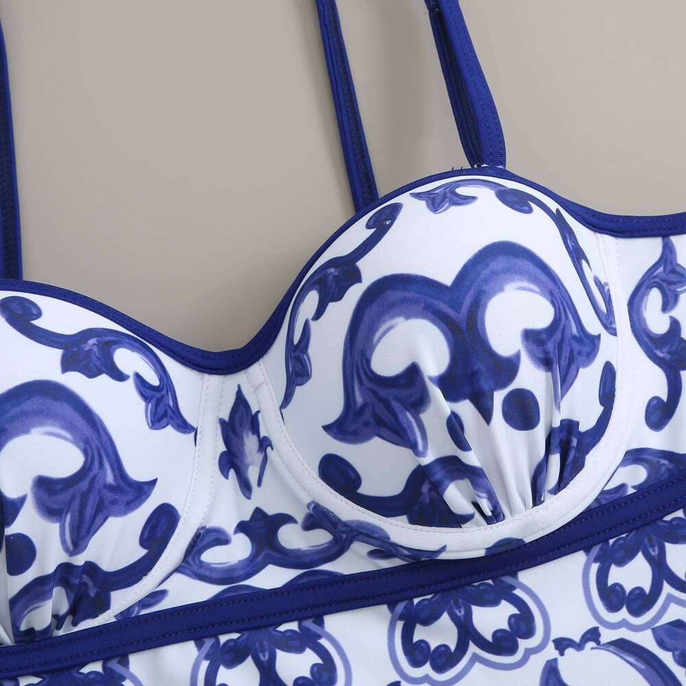 European and American one-piece women's tight fitting slimming retro printed strip steel support hard bag swimsuit chiffon long skirt 2025 new ca