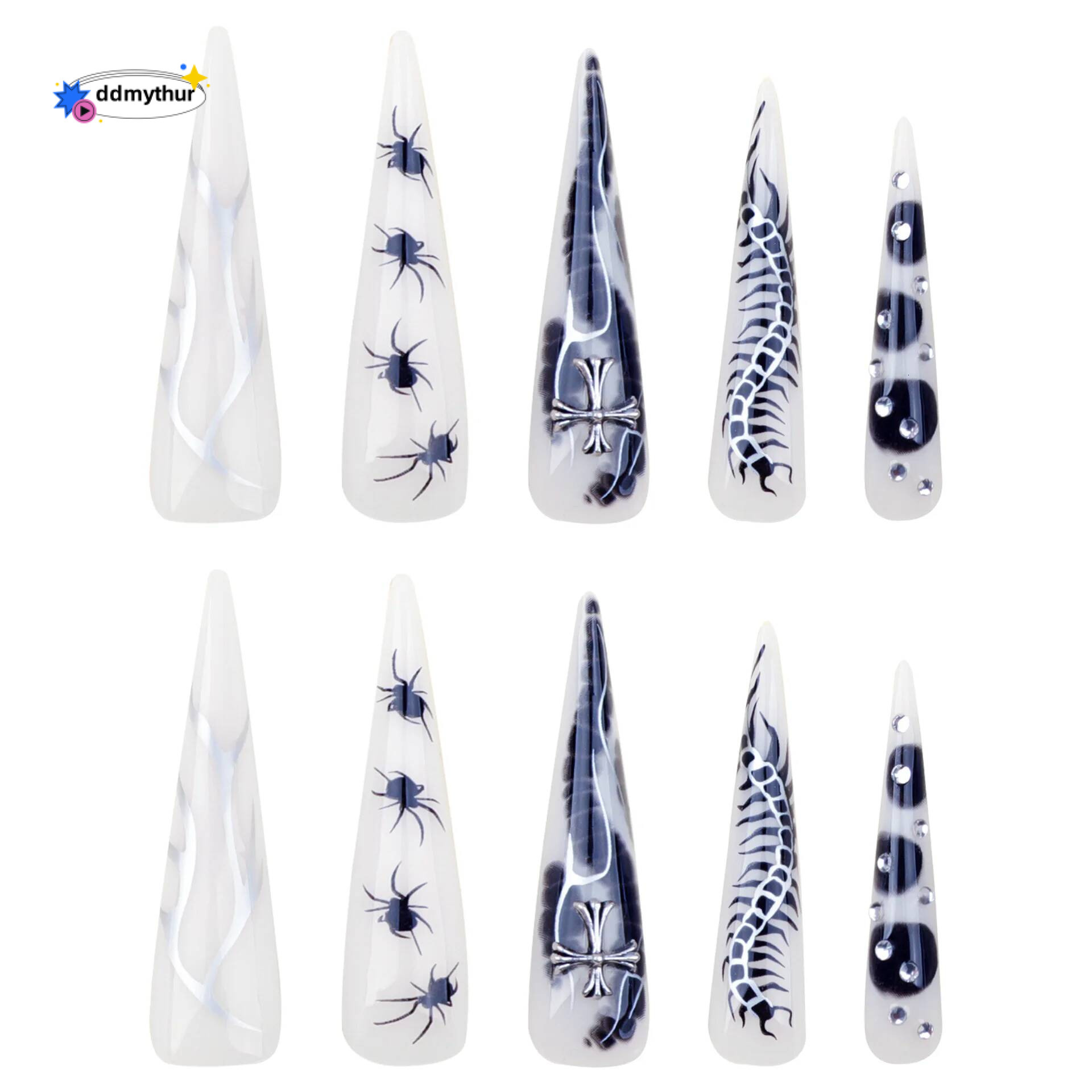 24pcs Spicy Girl Press on Y2k Sliver Flame Black Spider Long Pointed False Nails European Crocodile Pattern Fake Nail Tips ddmythur