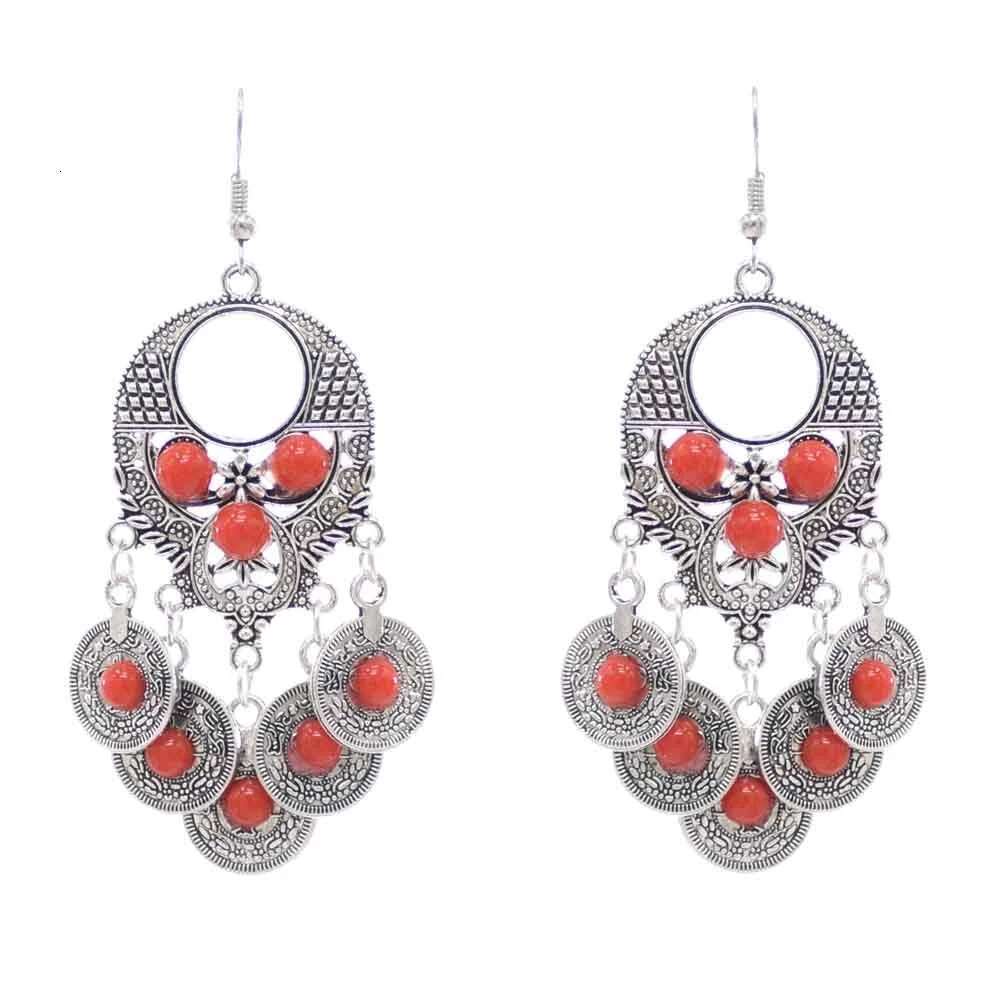 Red Acrylic Stone Coin Collar Choker Necklace Dangle Earrings Set For Women Bohemian Gypsy Afghan Turkish Antique Indian Jewelry
