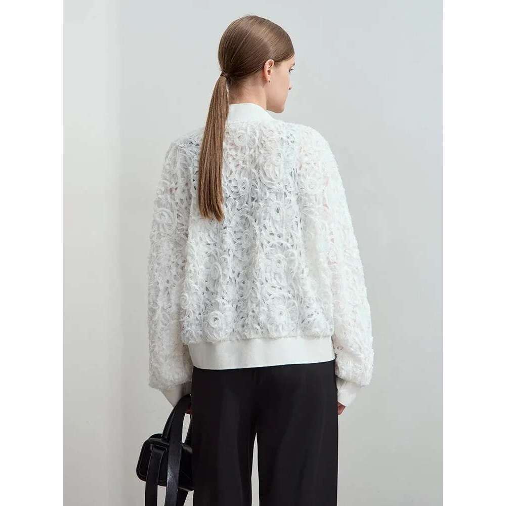 AMII Minimalist Zipper Jacket Women 2025 Spring New V Neck Stereoscopic Hollow Flowers Drop Sleeve Loose Casual Tops 12541004