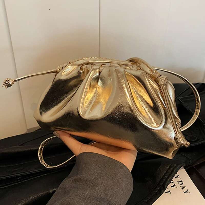Small Design Women S Soft PU Leather Gold Sier Cloud Hobo Bag Elegant Dressy Handbag Ruched Dumpling Party Clutch Purse Bag
