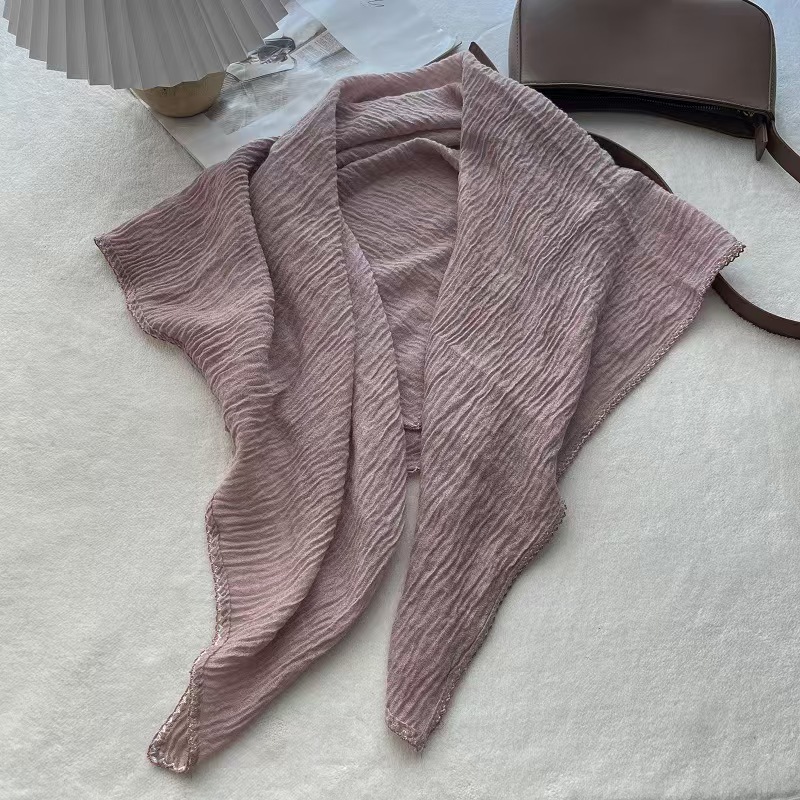 T596 Spring and Autumn new pleated solid color cotton and linen large square scarf female Korean style temperament versatile shawl thin neck scarf