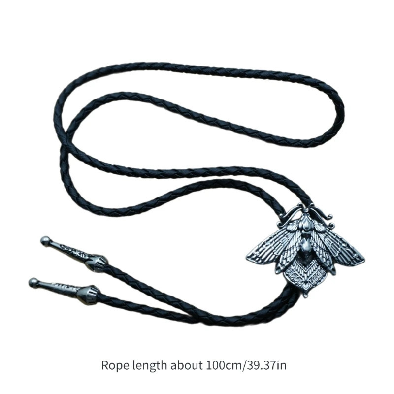 Mens Gothic Bolo Tie Cowboy Necktie Braided Leather Rope Necklace with Metal Skull Moths Pendant Jewelry Shirt Chain Ties 250430
