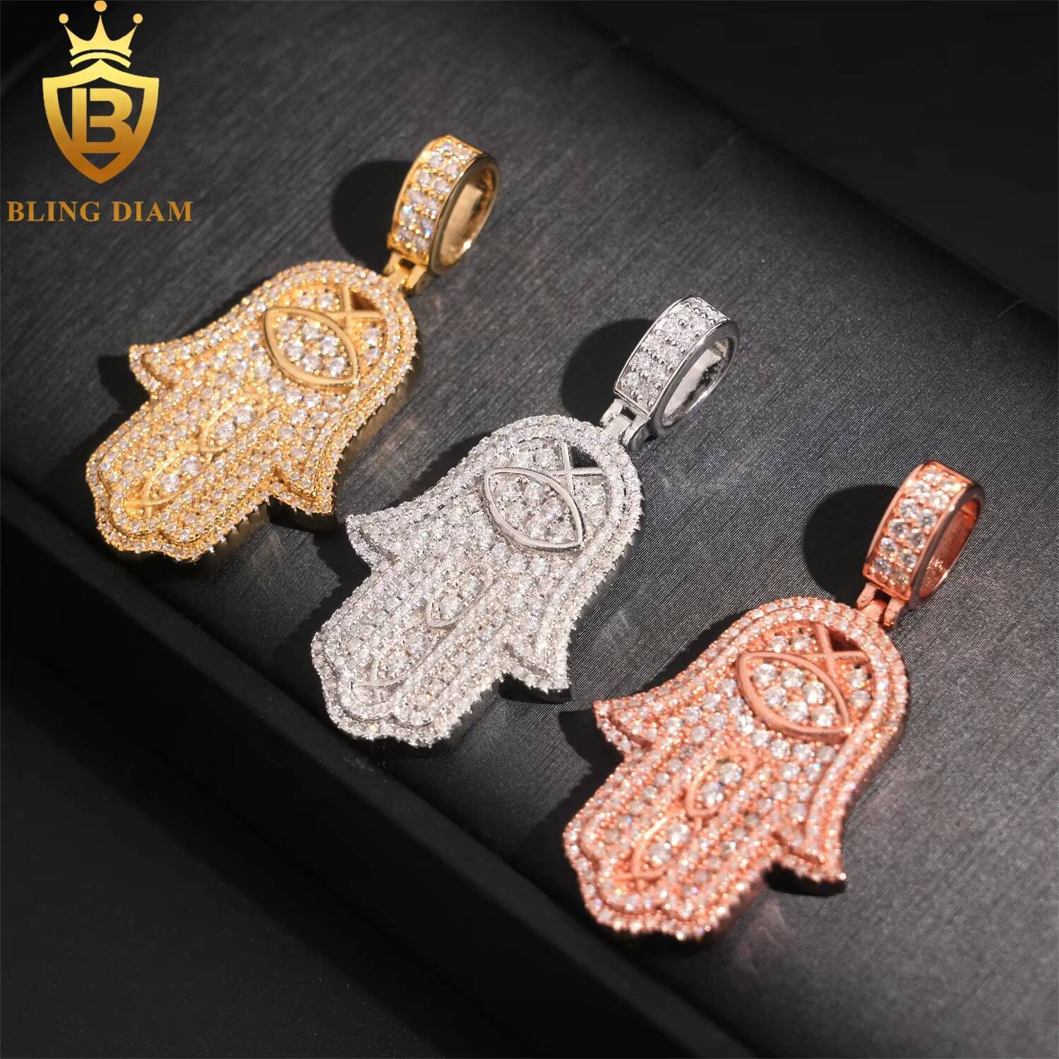 Hamsa Hand Pendant Hip Hop Jewelry Full Diamond VVS Moissanite 925 Silver Charm Pendant Pass Diamond Tester