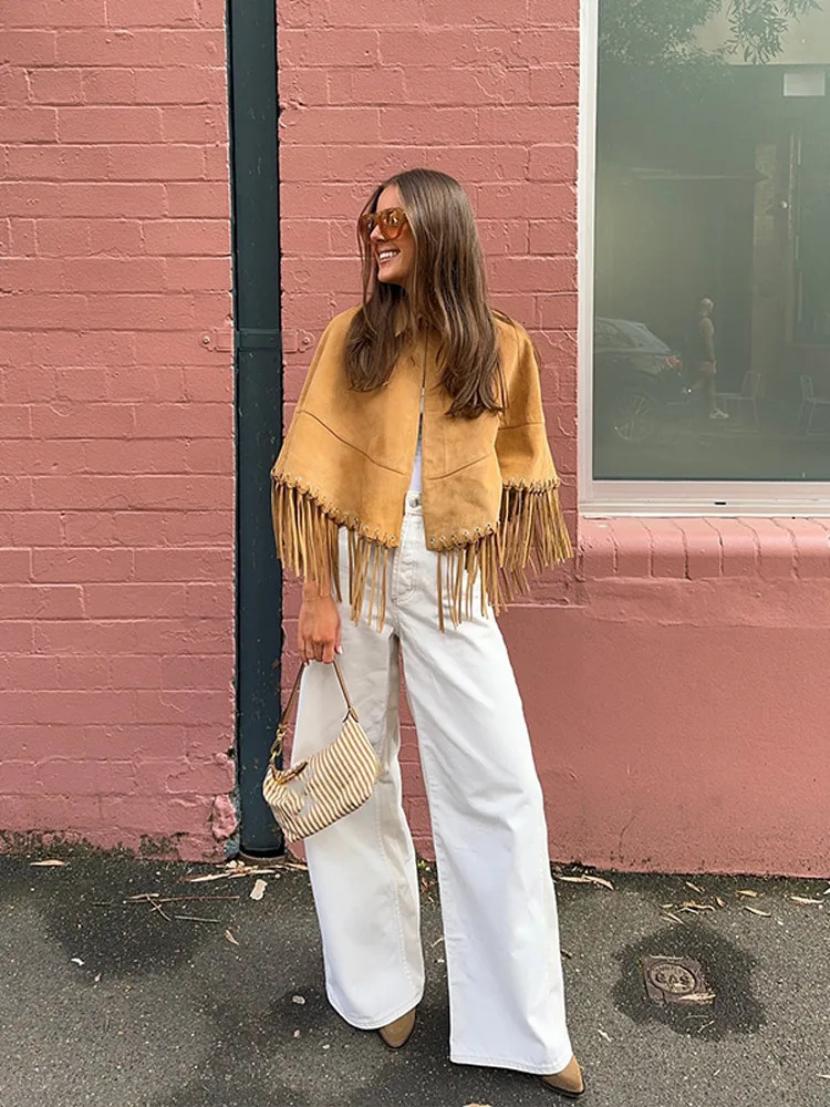 Autumn Brown Tassel Suede Cape Jackets Fashion Lapel Patchwork Loose Short Coat Chic 2025 Lady High Street Outerwears 251129