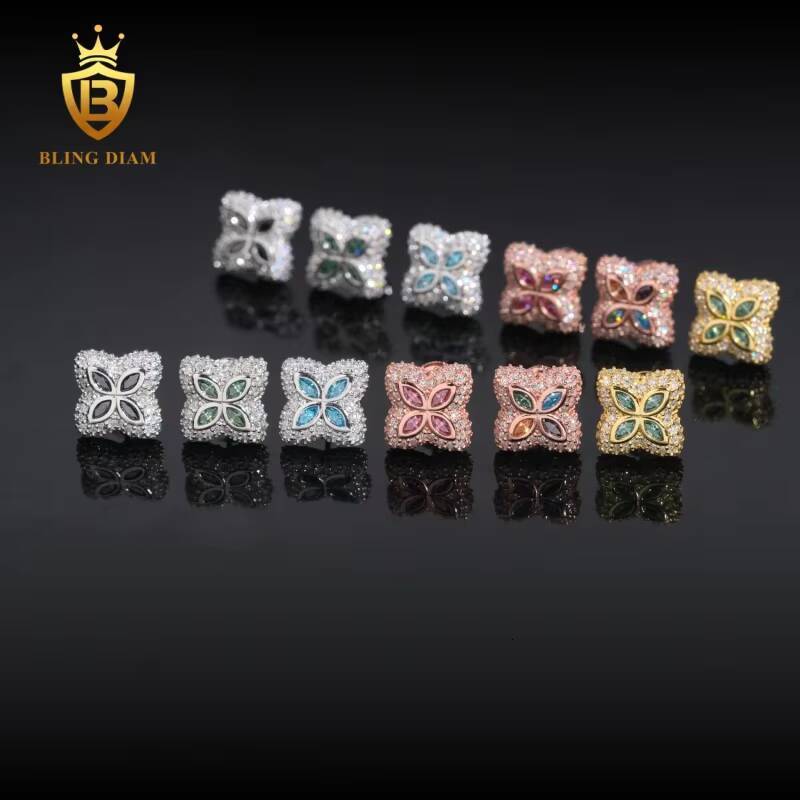 Hot Sale GRA Certificate VVS1Iced Out Colored Moissanite Four-Leaf Clover Earrings 925 Sterling Silver Gold Plated Hiphop Style