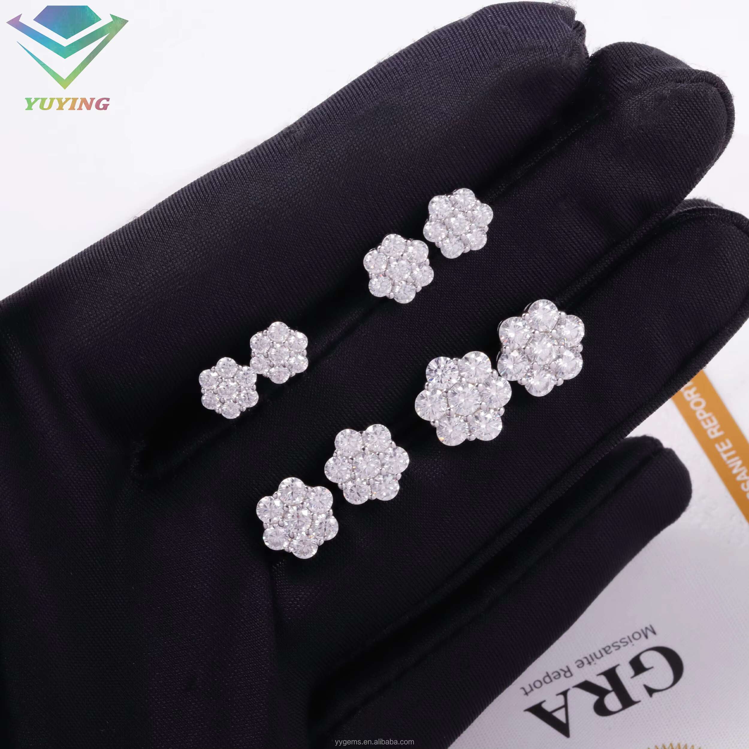 Yu Ying Flower Shape Vvs Moissanite Diamond 925 Silver 7-10mm Wide Earrings for Women Fine Jewelry