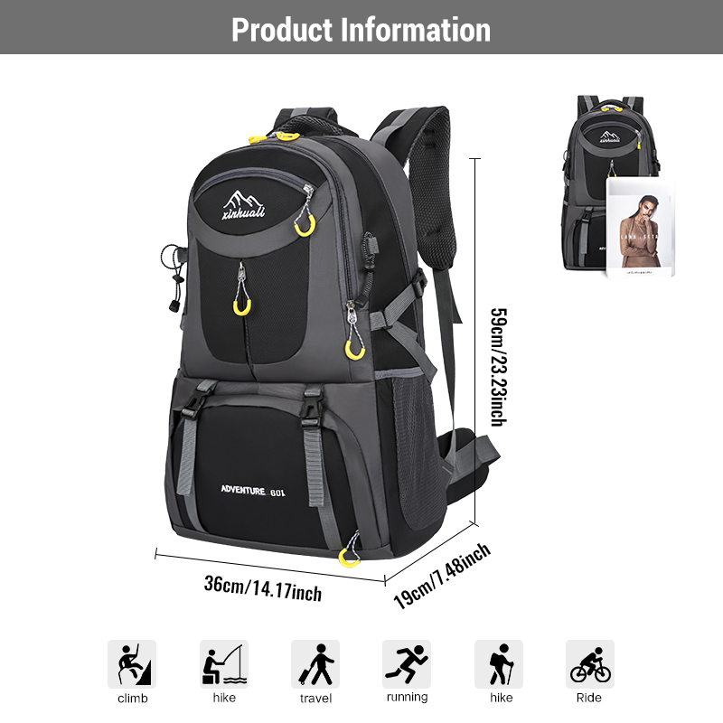 60L Lightweight Hiking Backpack with Shoe Compartment 900D Water Resistant Nylon Outdoor Sport Daypack Trekking Bag for Camping/Climbing/Cycling Daypa