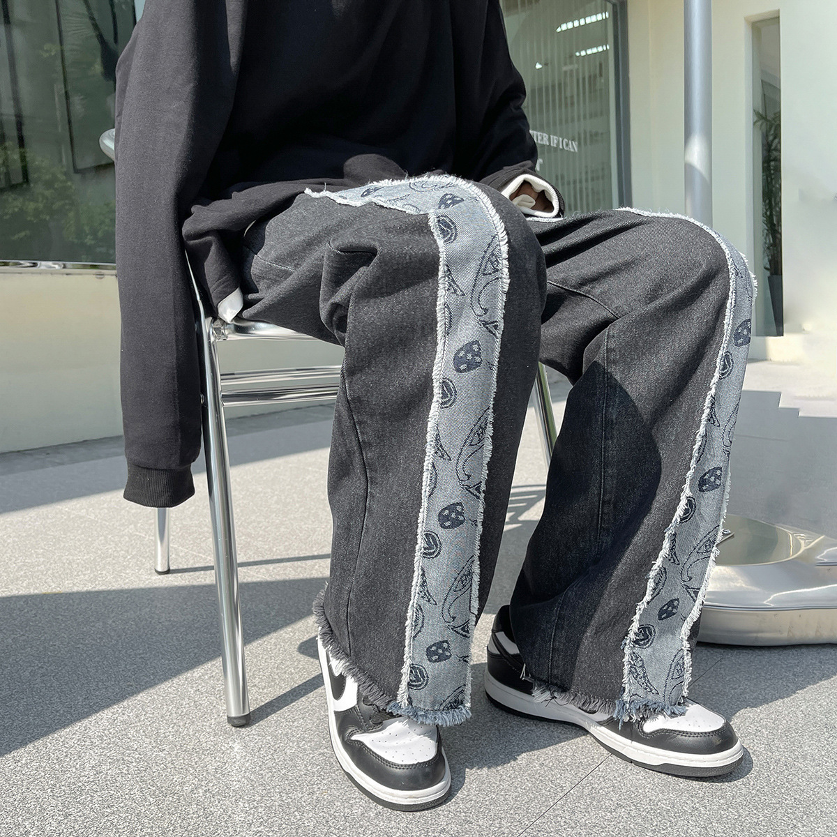 CNLONGBIDA Men's Jeans Denim Men's Contrasting Washed Loose Straight Leg Cashew Flower Color Blocked Denim Pants Trendy