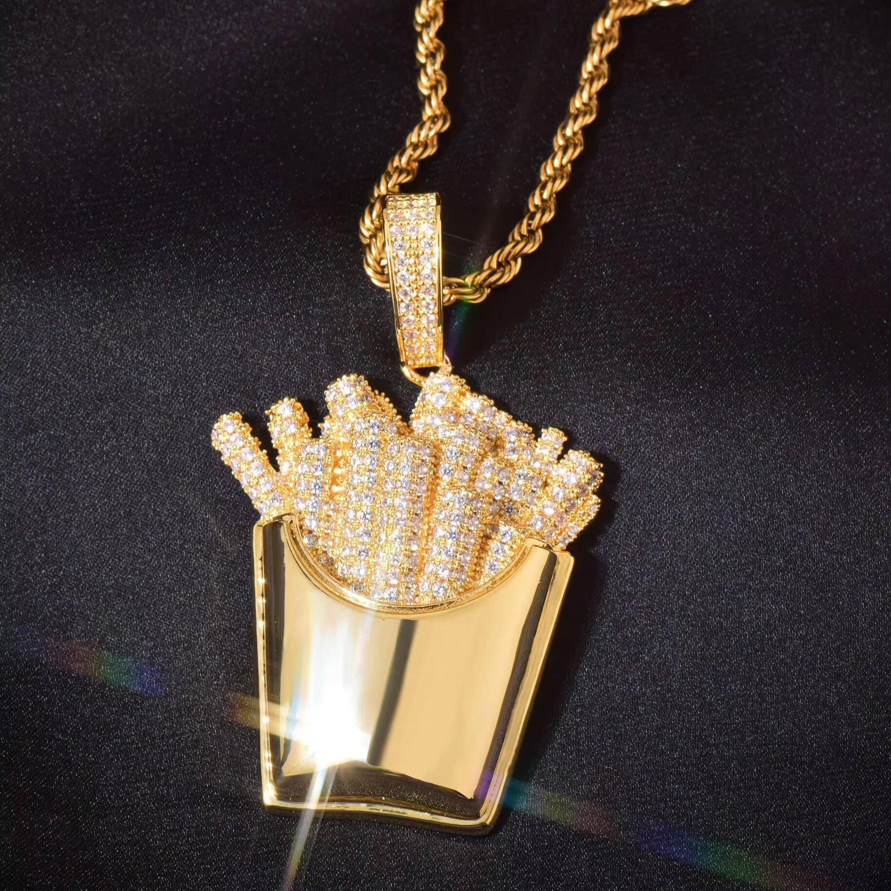 Wholesale Luxury Stainless Steel Colorful French Fries Pendant Necklaces Iced Out Zircon Necklace Hiphop Fashion Jewelry