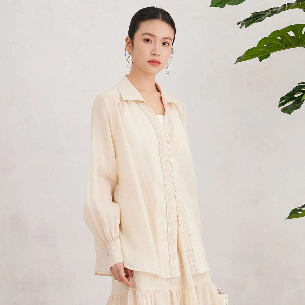 K3089w Women's Clothing 100% Ramie Ladies Sping Summer White Blouse Translucent Breathable And Comfortable