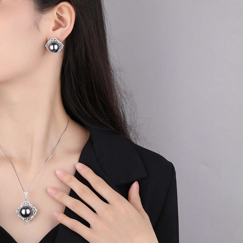 Zhuang Shengsheng Jewelry Copper Bottom Gold Plated With Mother Of Pearl And Dia, Luxurious Grey Pearl Set 14Mm 16Mm