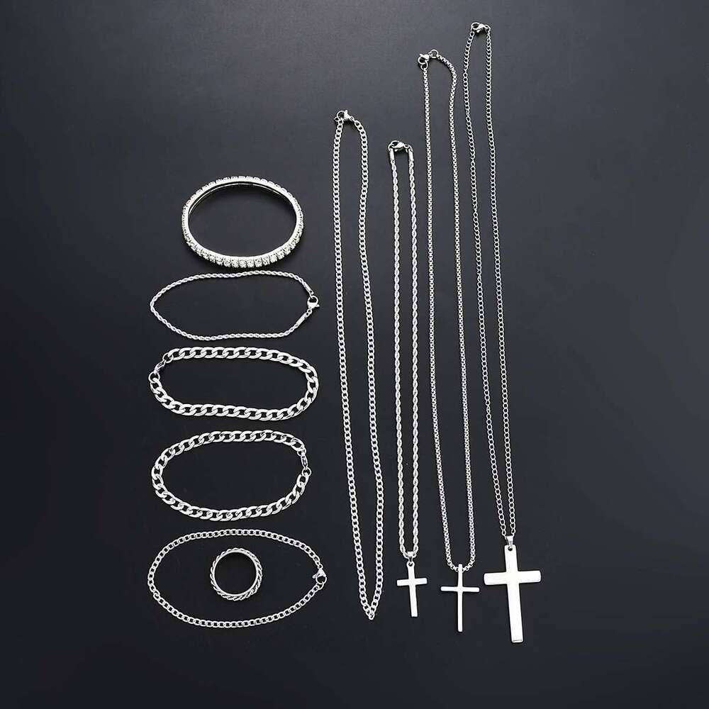 Sier Color Punk Stainless Steel Cross Jewelry Set For Women Men Hiphop Twisted Necklaces Crystal Bracelets Chain Ring Fashion