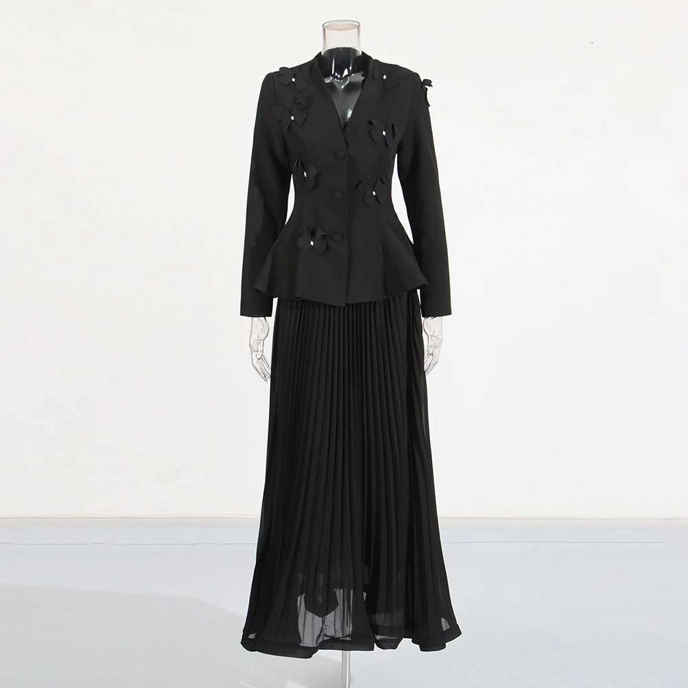 Solid and elegant twopiece womens Vneck long sleeved tuning jacket high waisted pleated formal set 250530
