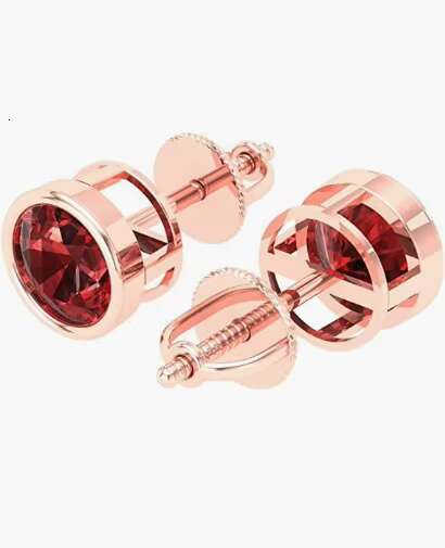 Brilliant Round Cut Solitaire Studs Moissanite Natural Garnet 14K Rose Gold Earrings Screw Back
