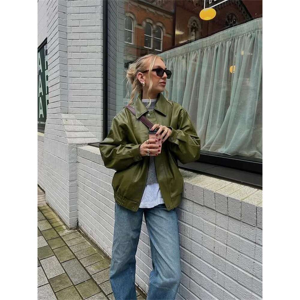 Zipper PU Leather Jacket Women Retro Green Long Sleeve Lapel Short Coat Female 2025 Fashion Spring Autumn High Street Outerwears