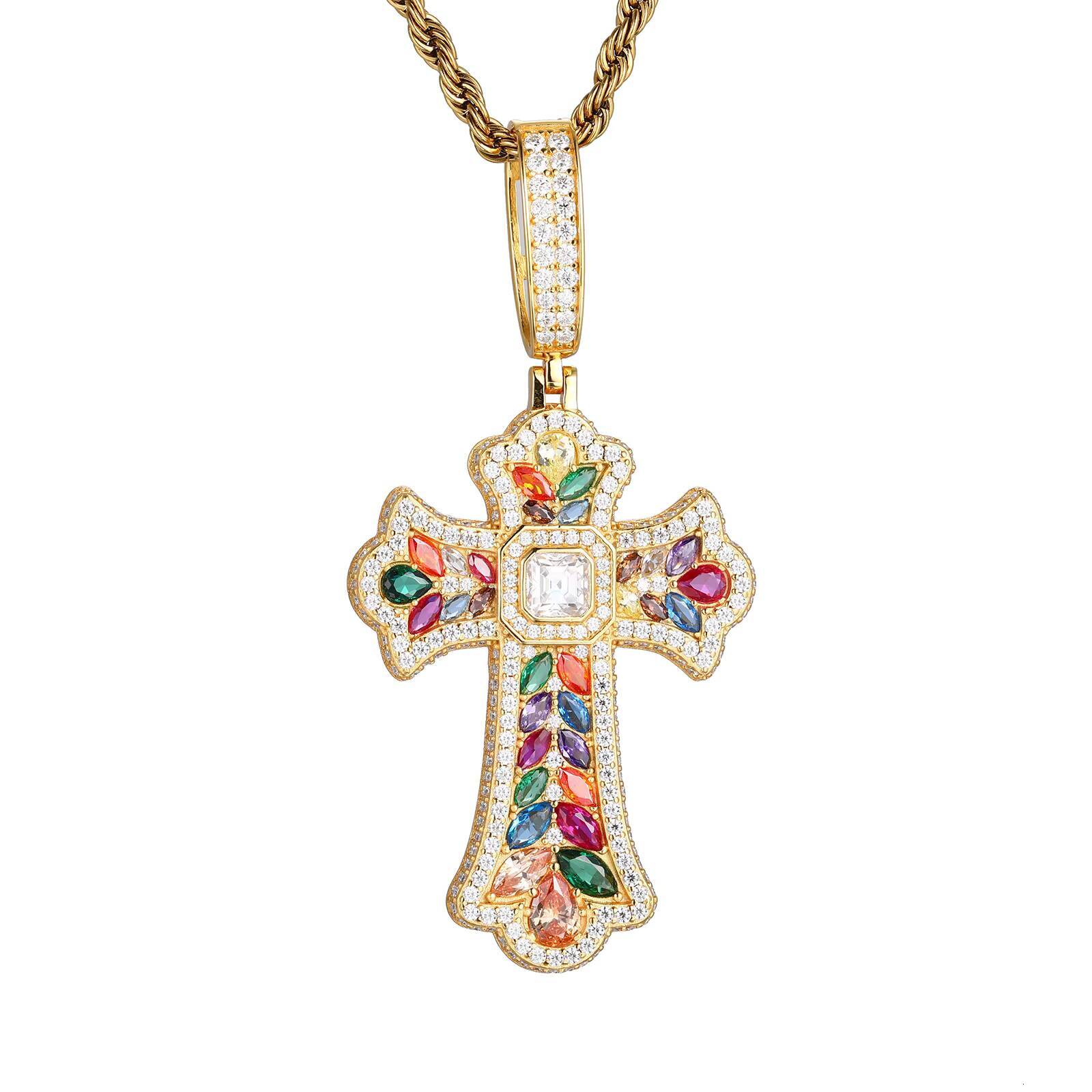 European American Hip-Hop Retro Joker Necklace Gold Plated Wheat Cross Pendant Colored Gemstone Wholesale Jewelry Accessories