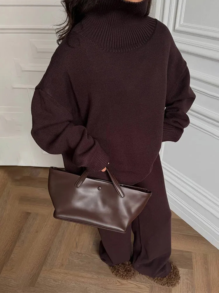 Women Oversize Slouchy Knit Co-ord Set Turtleneck Asymmetric Sweater Wide-Leg Pants 2025 Autumn Cozy Suit Daily Casual Lady Sets 251111