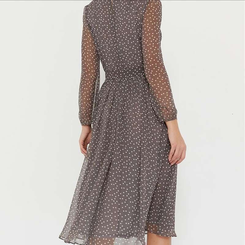 Spring and Summer Chiffon Long Sleeved Solid Color Polka Dot Dress Elegant Lantern Sleeve Round Neck High Waisted Dresses