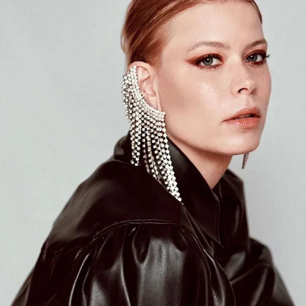 Stonefnas Long Tassel Clip Earrings No Piercing For Women Rhinestone Ear Cuff Unusual 2024 Trend New Women's Jewelry