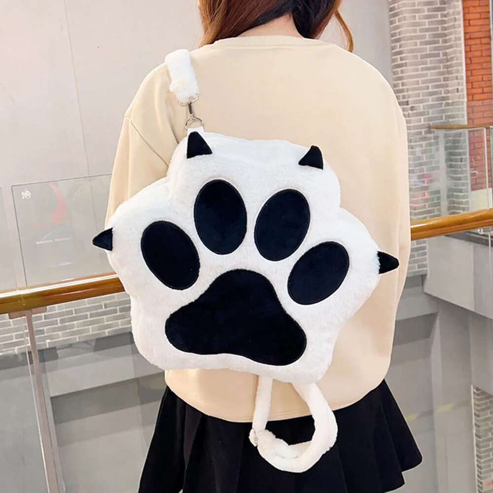 Cute Cat Paw Plush With Adjustable Straps Soft Furry Purse JK Bag Cartoon Backpack For Women Girls