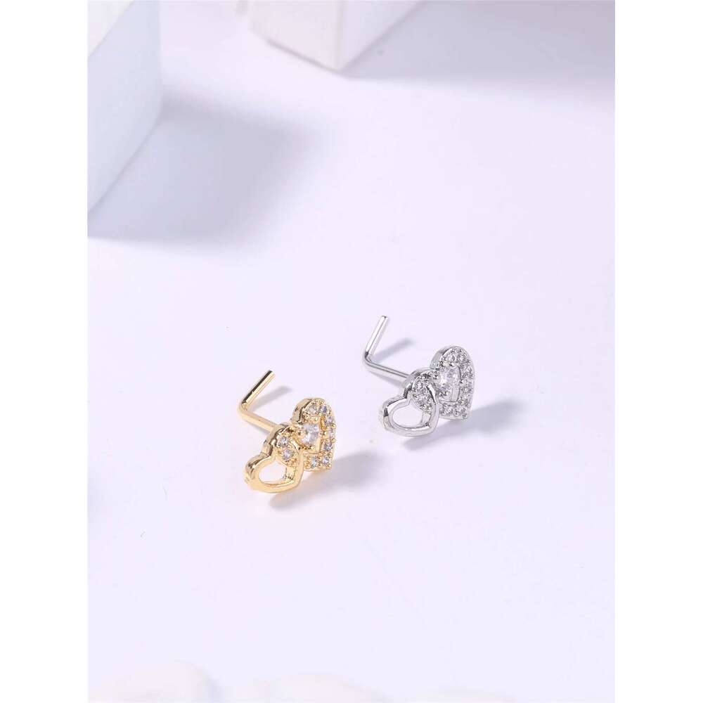 20G L Shaped Studs Rings Cute Heart Shiny CZ Love Stone Gold Sier Color Nose Piercing For Women Girl Nostril Jewelry