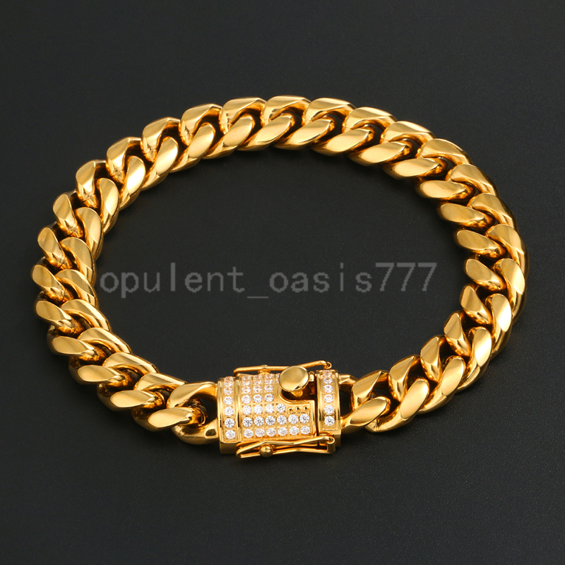 Hip Hop Jewelry Waterproof 12mm PVD Plated Gold Color Stainless Steel moissanite Iced Out Cuban Bracelet for Men