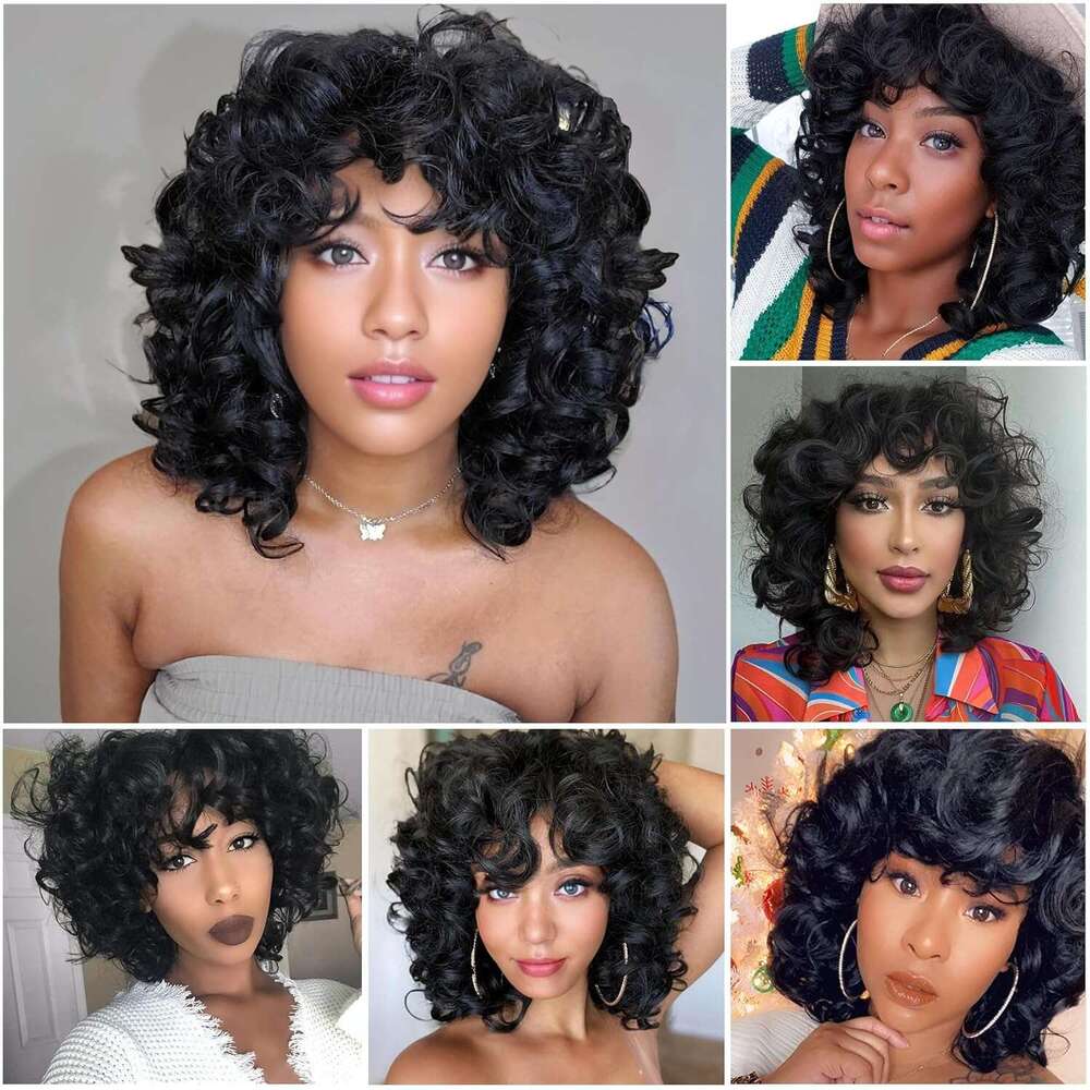 KEAT Women 14" Short Kinky Wig with Bangs Afro Black Curly for African American Cute Natural Synthtic Soft Wigs K001BK