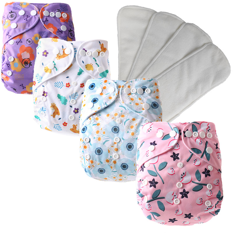4 Sets Baby Cloth Diapers Reusable Nappy Washable One-size Modern Print Eco Friendly Cloth Pocket Diapers Nappies for Baby 0-3 years Old 3-15 KG