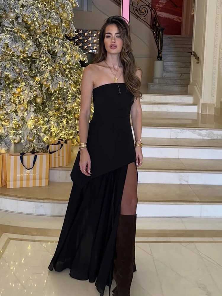 Summer 2025 Womens Fashion Strapless Dress with Ribbon Splicing Work Elegant Sleeveless Mesh Splicing Dress Vacation Beach Long Dress W250430