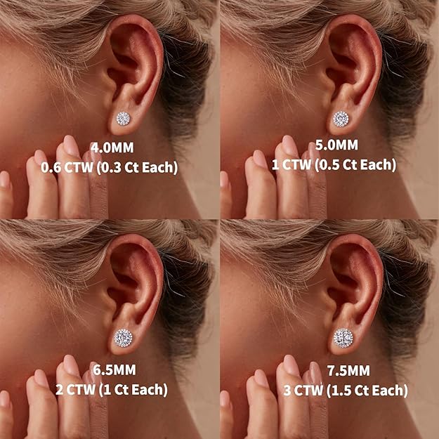 Moissanite Stud Earrings, Round Cut D Color VVS1 Clarity Lab Created Moissanite Earrings Studs 18K White Gold Plated 925 Sterling Silver Jewelry for W