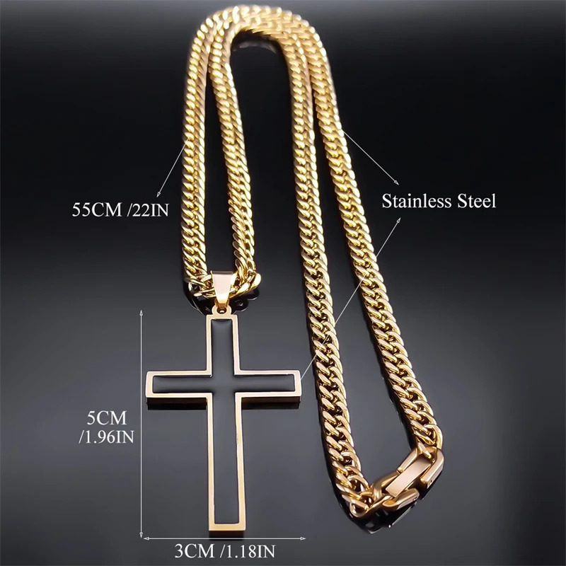 Punk Hip Hop Black Cross Pendant Necklace for Women Men Stainless Steel Gold Color Male Jesus Christ Chain Jewelry colar N8236S0 250428