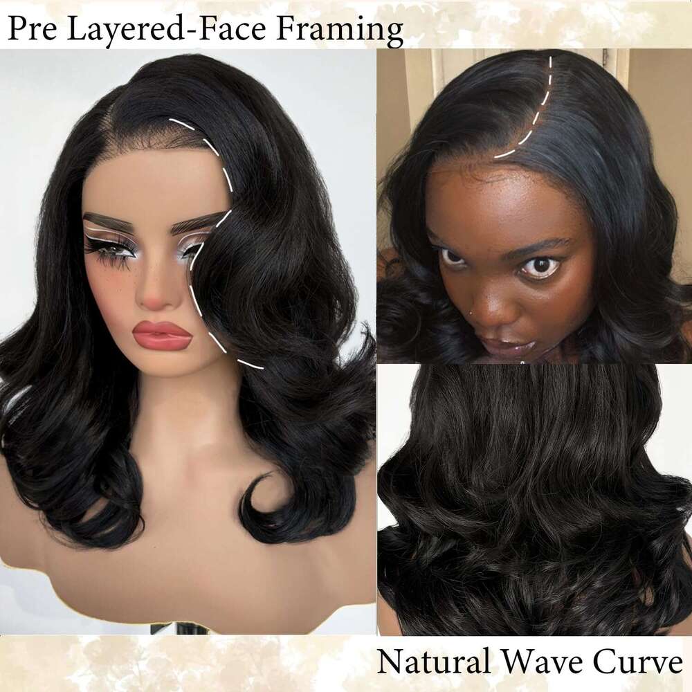 SOKU 13X6 Body Wave Layered, 18 Inch Short Wavy Glueless Pre Plucked, Natural Black Synthetic Lace Front Wigs for Women, Ready to Wear with Tiny Knots